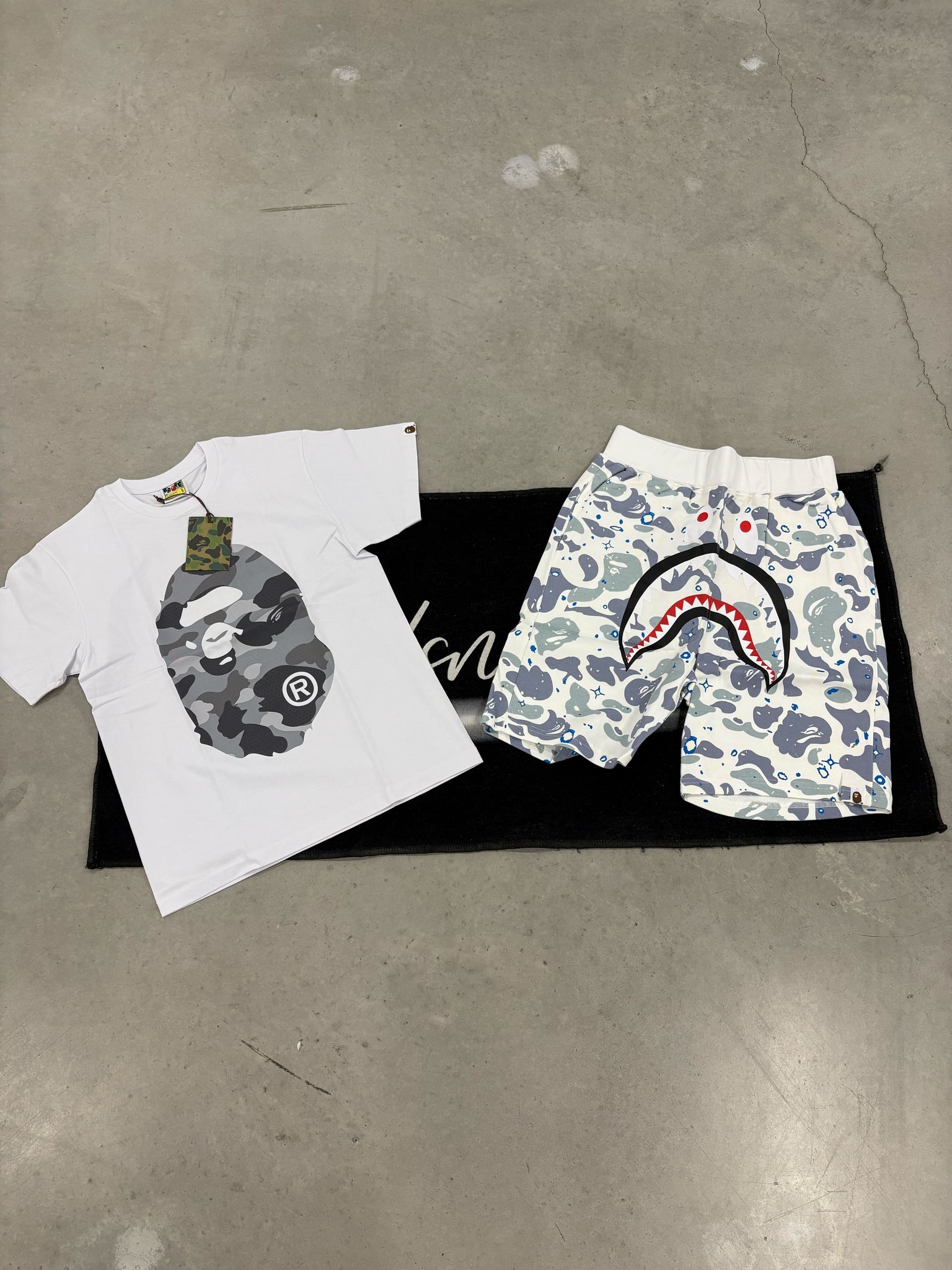 Bape Grey Camo Print White and White Camo Summer Set