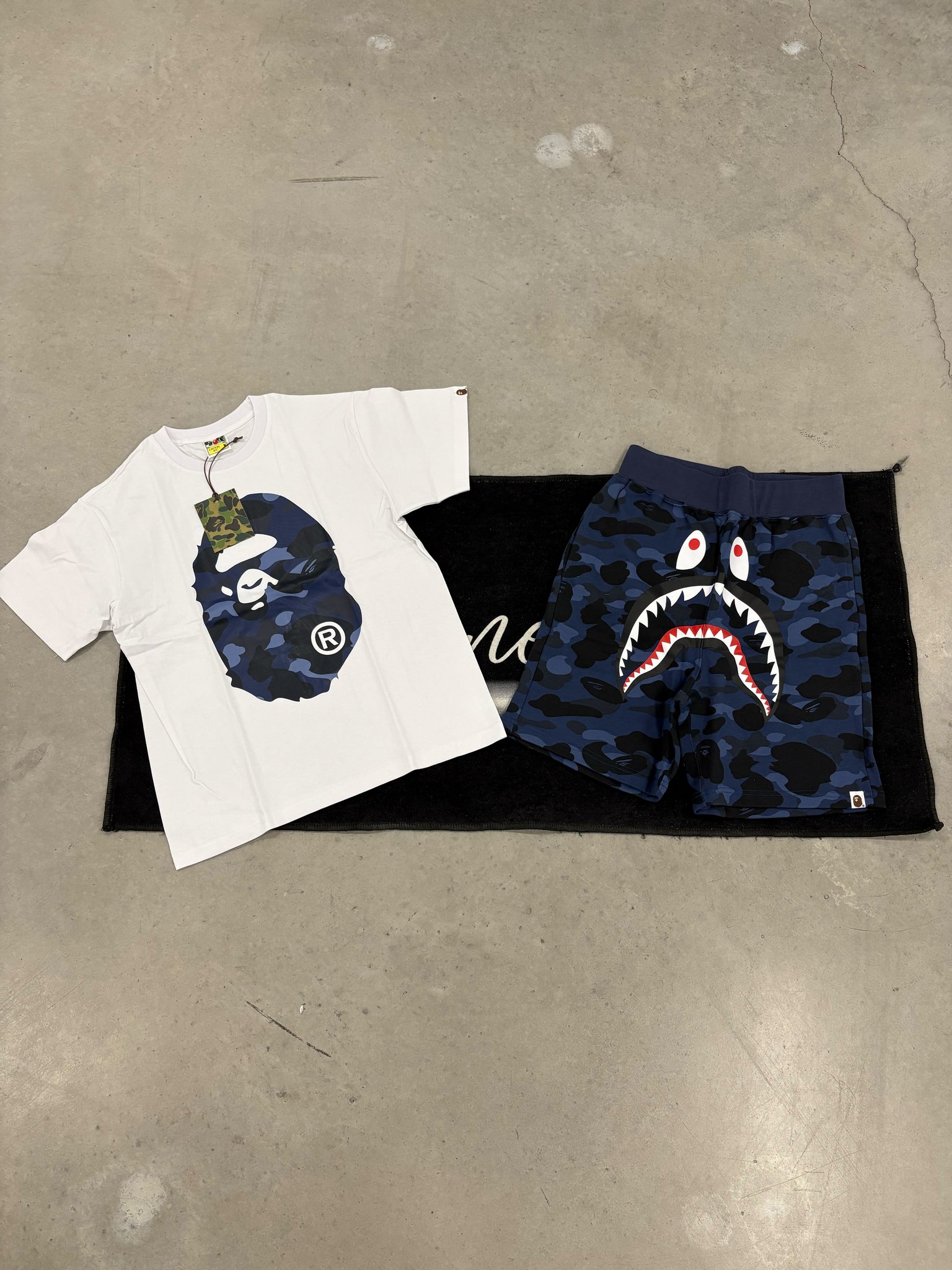 Bape Navy Blue Camo Print White and Navy Blue Camo Summer Set