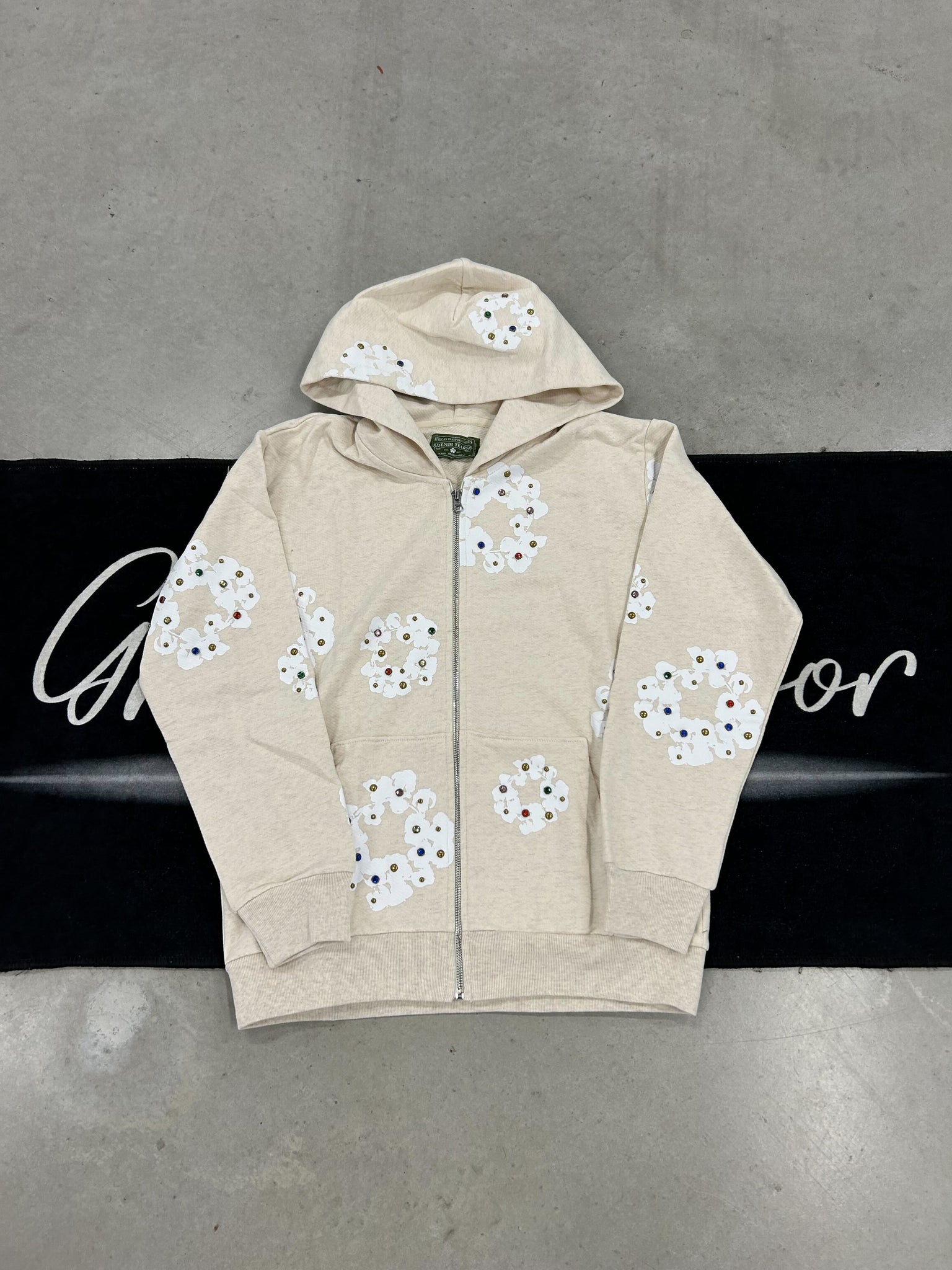 Denim Tears "Oatmeal Rhinestone Zip-Up" hoodie